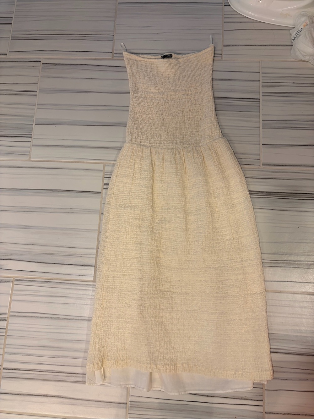 Zara Strapless Cream Textured Midi Dress